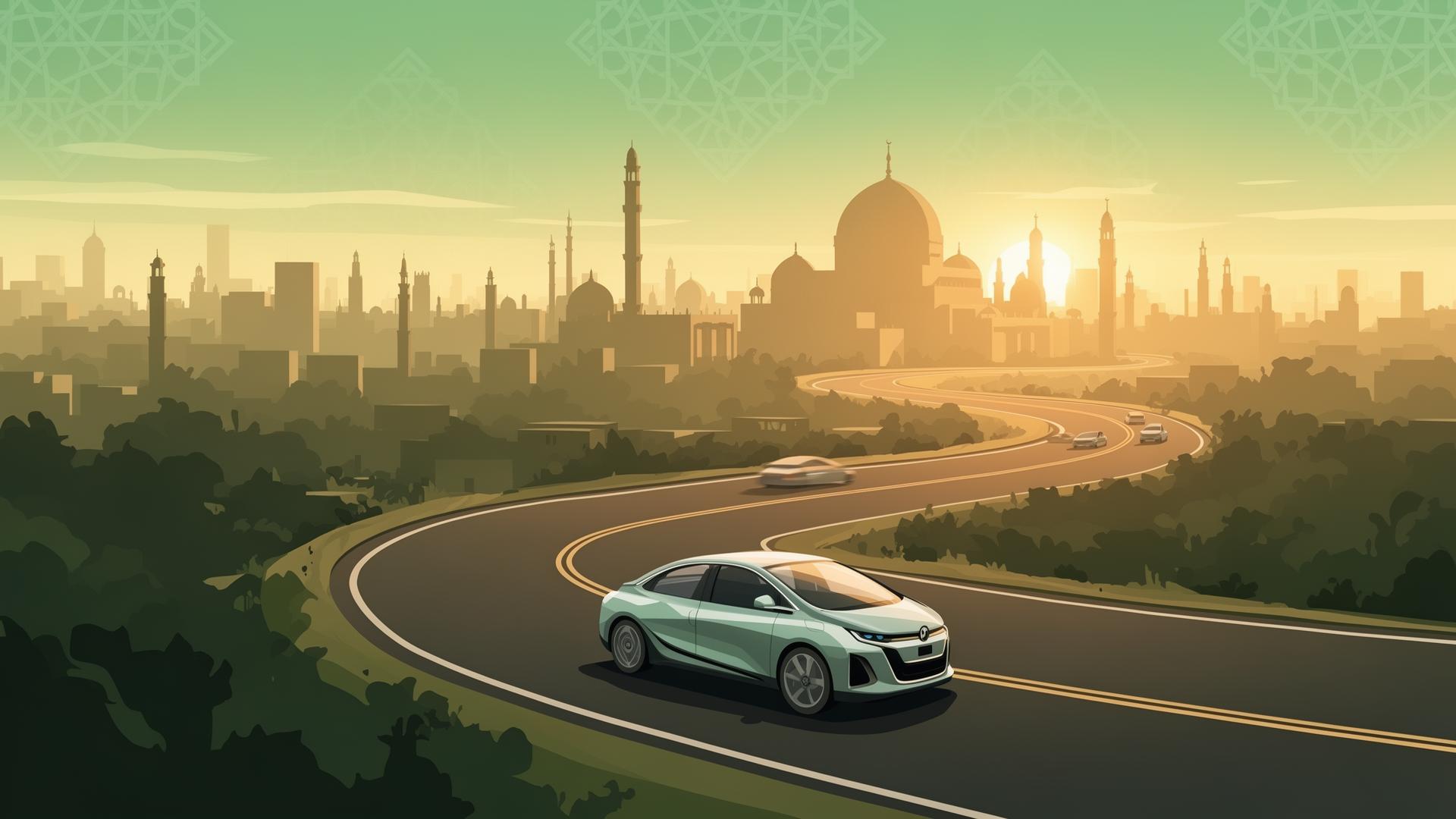 A car winding through a Pakistani city at golden hour